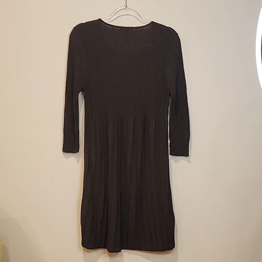 Eileen Fisher Dark Brown Wool Pleated Scoop-Neck Long-Sleeve Dress - Picture 8 of 10